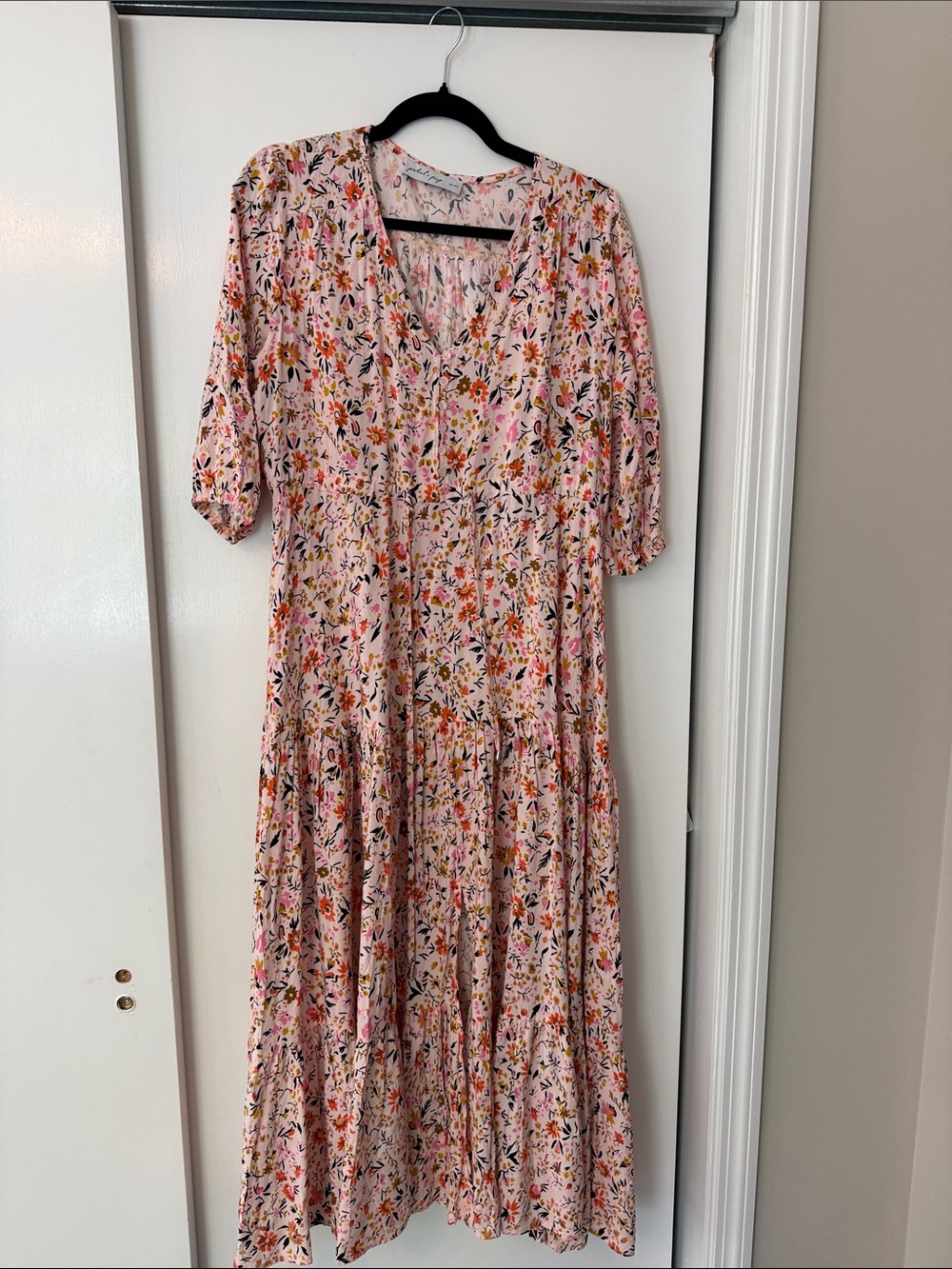 Petal & Pup Pink Floral V-Neck Maxi Dress with Orange Accents